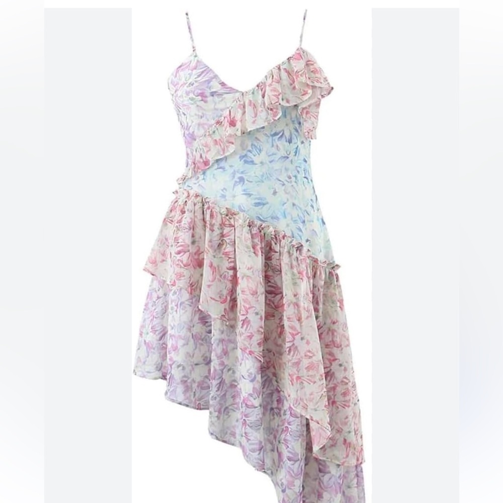 LoveShackFancy Floral High Low Dress - Pink and Blue